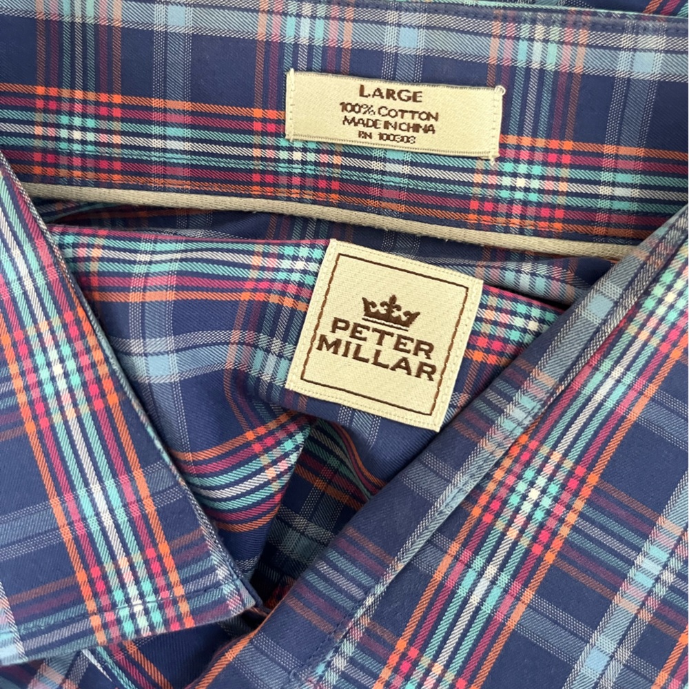 Peter‎ Millar long Sleeve Dress Shirt 100% Cotton Blue Orange White Pink Plaid - Picture 8 of 8